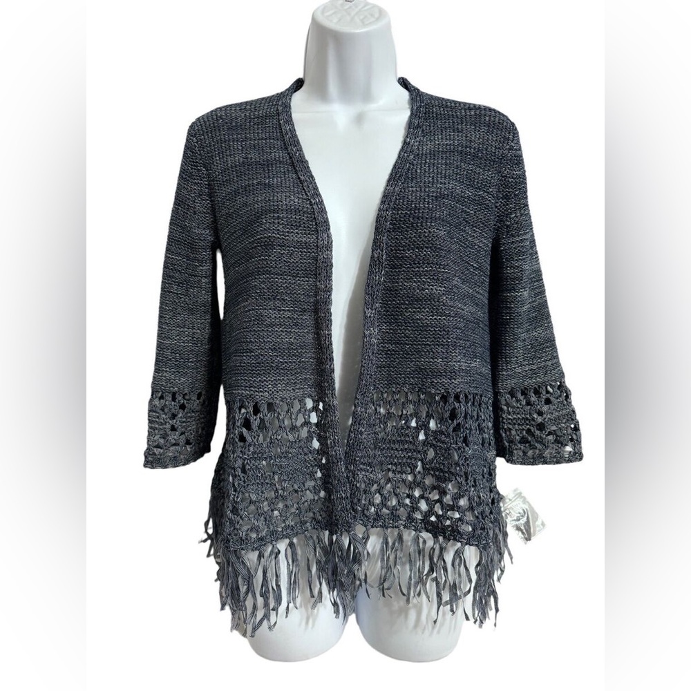 NWOT Style & Co. Blue Open Front Sweater Cardigan Fringe 3/4 Sleeve Sz S